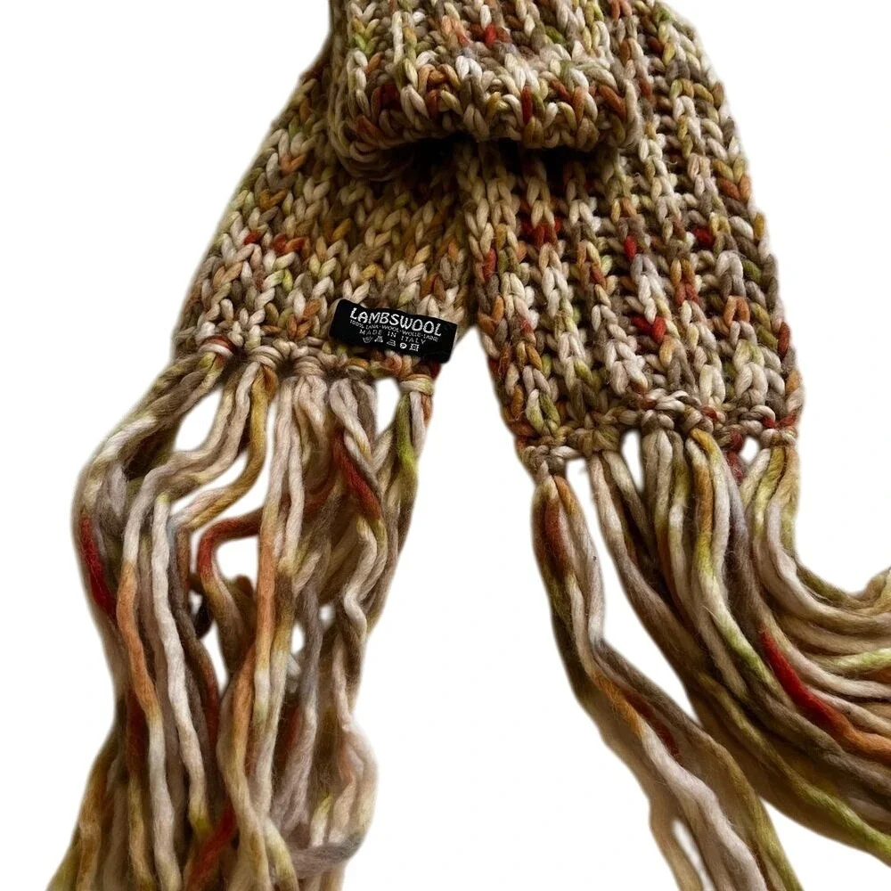 Italian Lambswool Blend Knit Scarf Brown Green Multicolor Fringe Cozy Winter